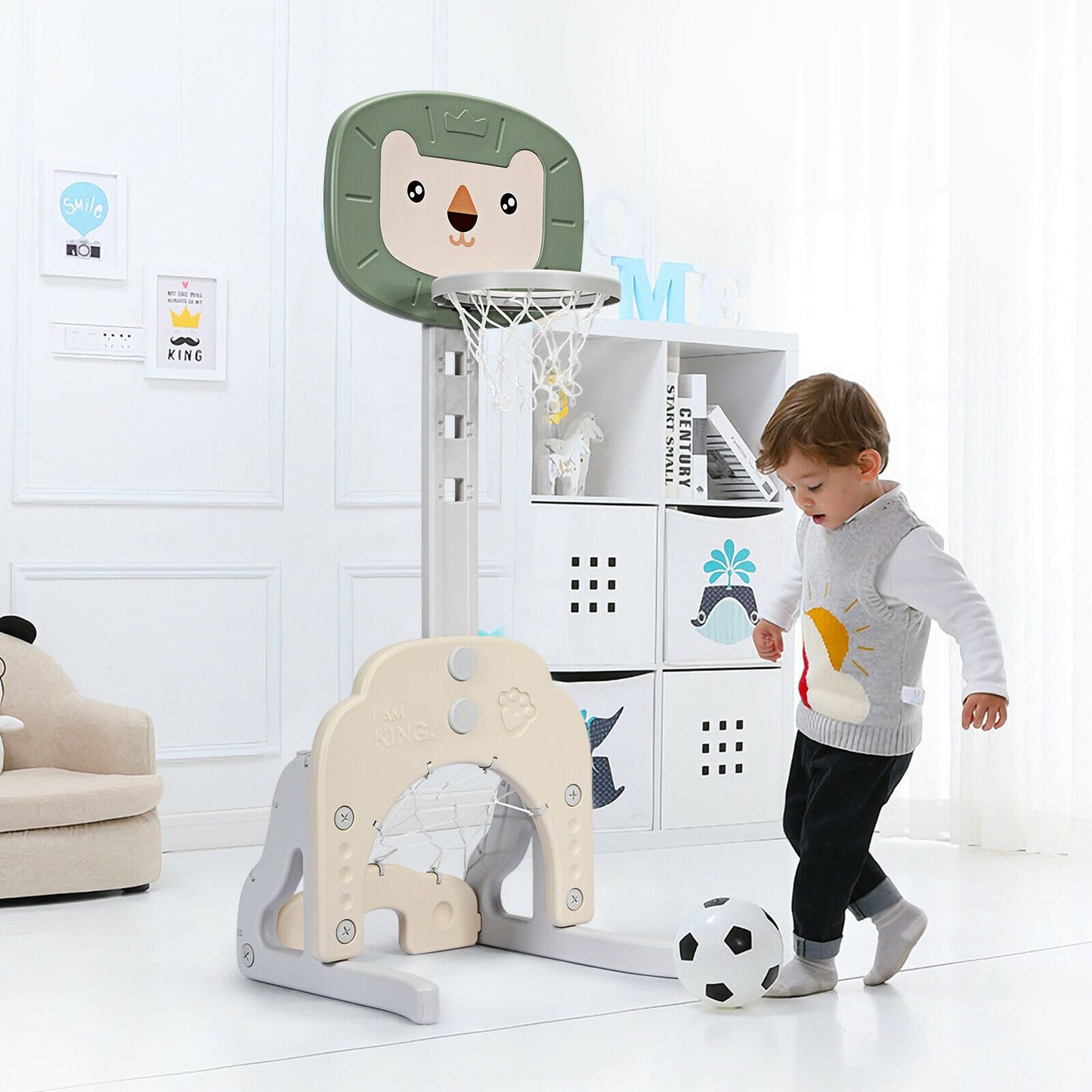 3-In-1 Basketball Hoop Set Stand with 5 Adjustable Height Levels