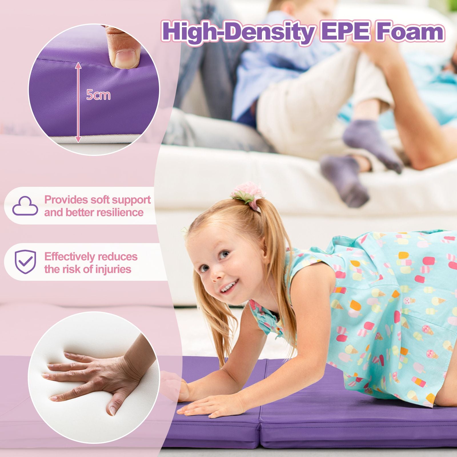 Folding Gymnastics Mat with Carry Handles Hook and Loop Fasteners