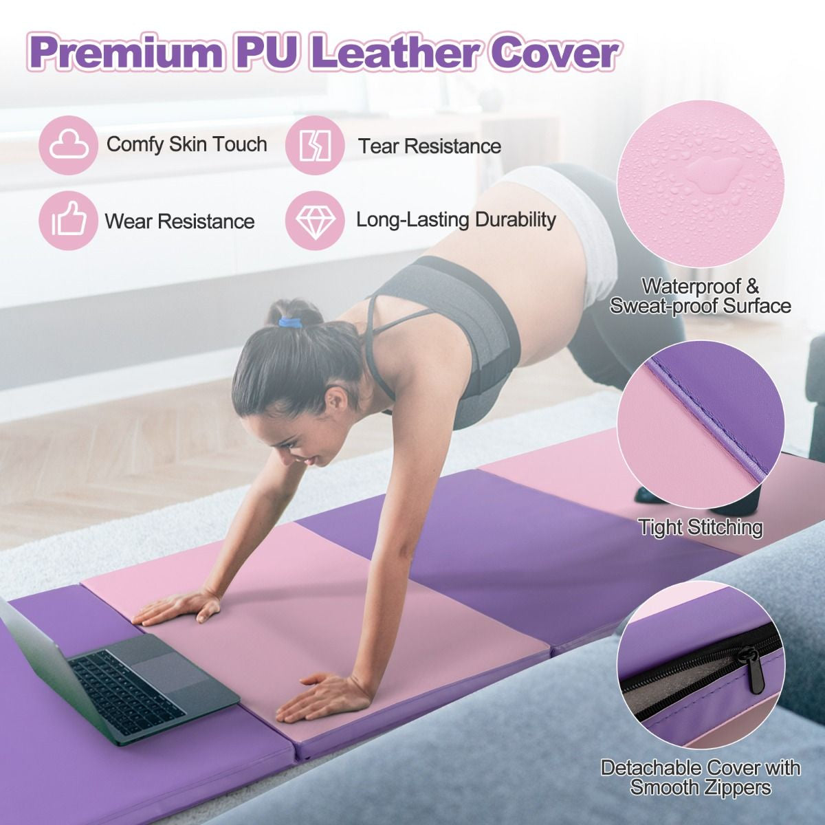 Folding Gymnastics Mat with Carry Handles Hook and Loop Fasteners