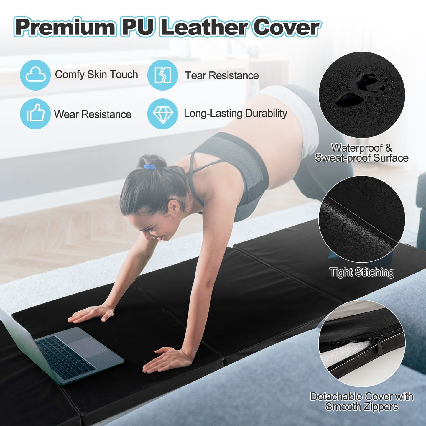 Folding Gymnastics Mat with Carry Handles Hook and Loop Fasteners