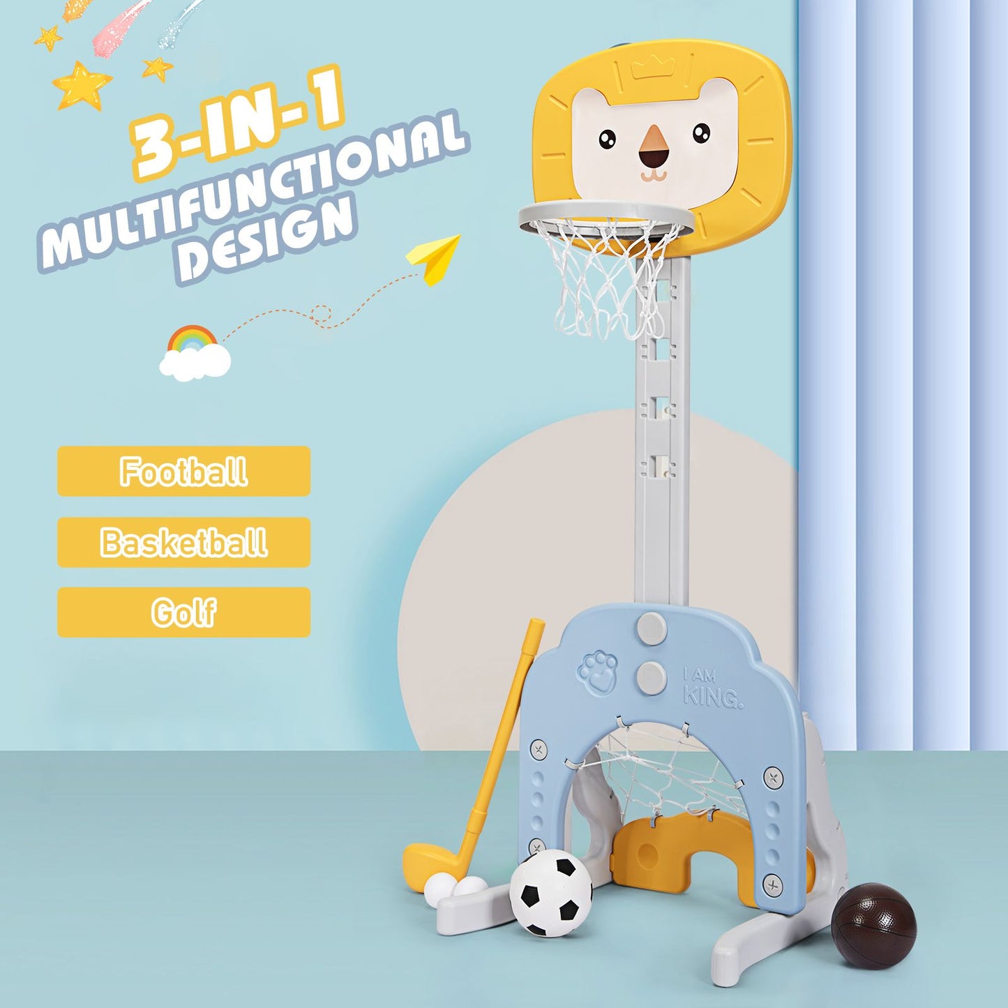 3-In-1 Basketball Hoop Set Stand with 5 Adjustable Height Levels
