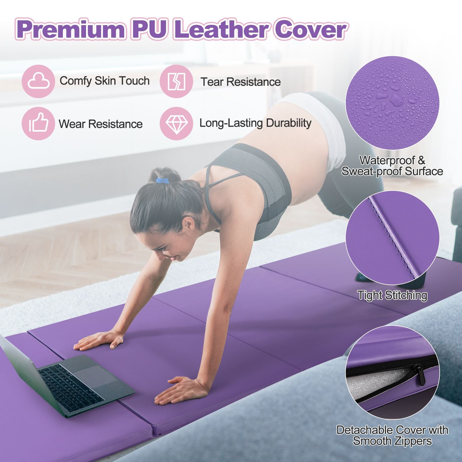 Folding Gymnastics Mat with Carry Handles Hook and Loop Fasteners