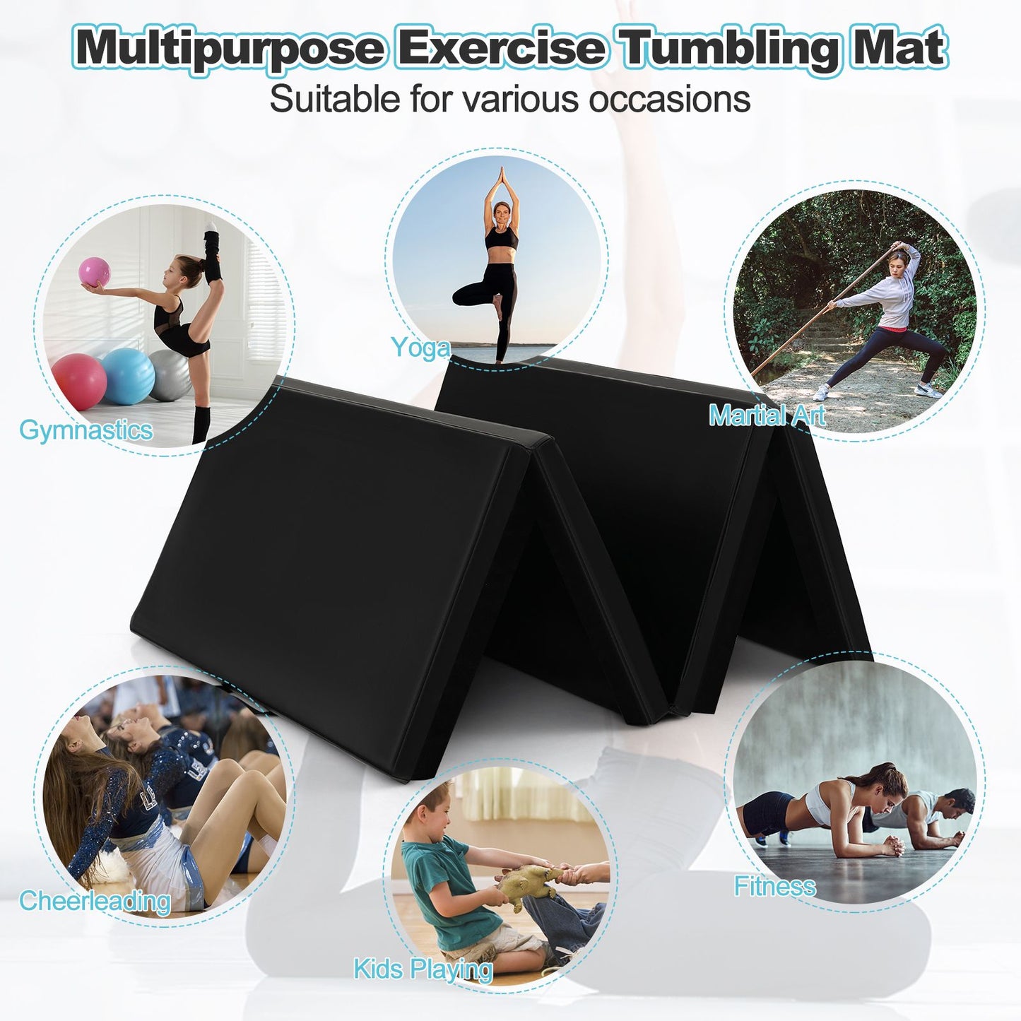 Folding Gymnastics Mat with Carry Handles Hook and Loop Fasteners