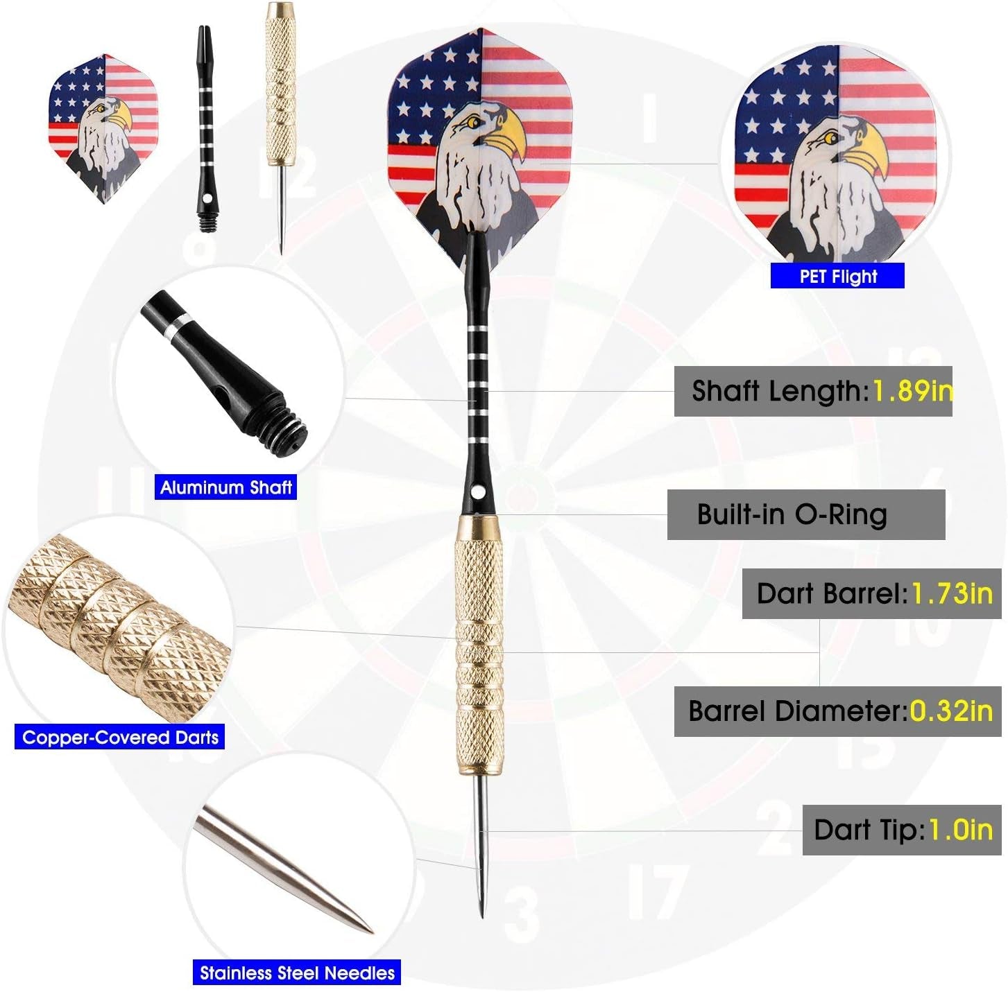 15 Pack Steel Darts 18 Grams Tip Set with Dart Sharpener and 21 Flights, Aluminum Shafts & Brass Barrels, Levels in Every Rec Room, Man Cave, Bar and Game Room